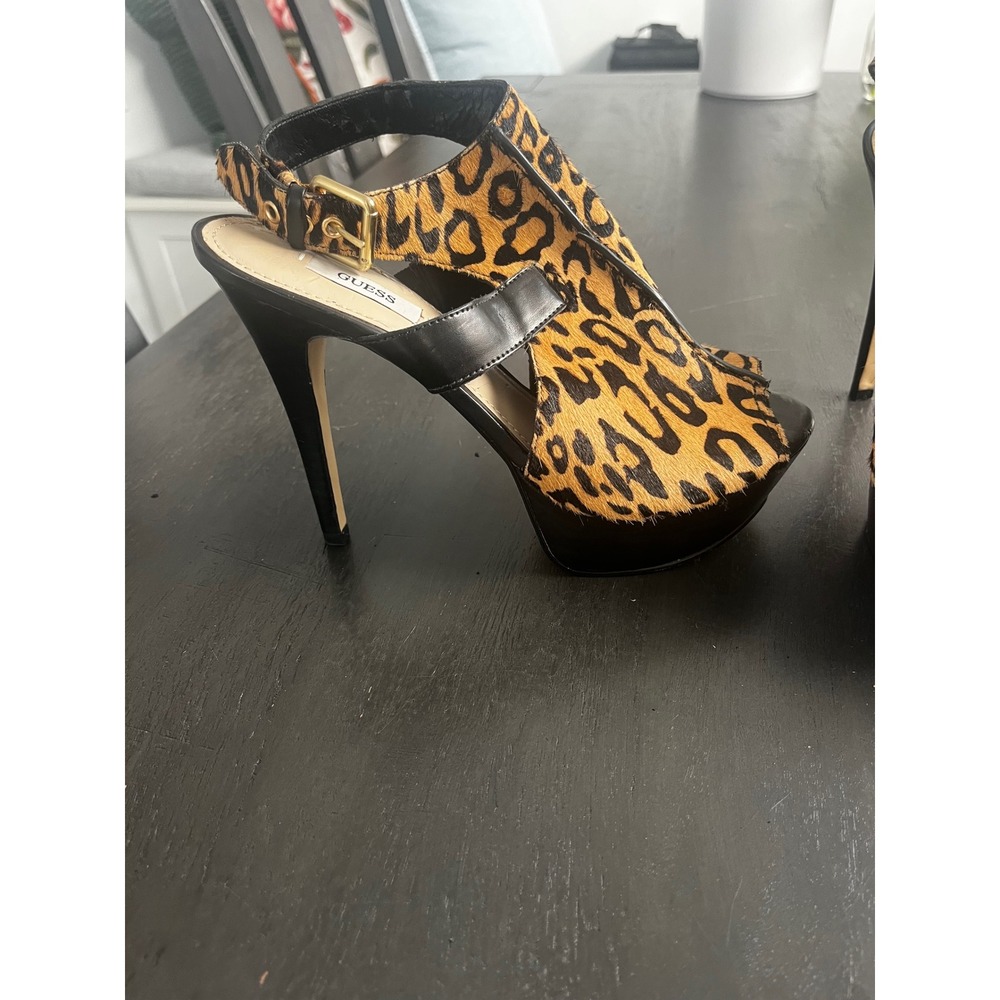 Guess Leopard Print Calf Hair Platform Stiletto Sandals Peep Toe Slingback - Picture 4 of 15
